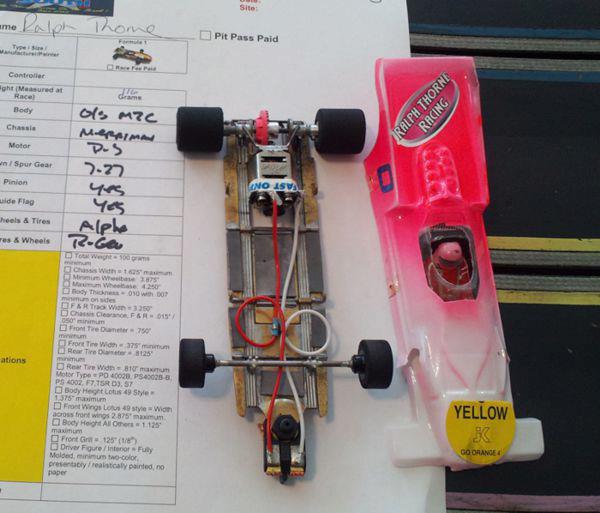 Ralph Thorne 1st place F1 in Retro South race at Slots-O-Fun R-Geo products hits the WIN Arena again at the Retro South race at Slots-O-Fun! Ralph Thorn raced a Merriman built DSF1 kit and he also used R-Geo Polymer fronts.